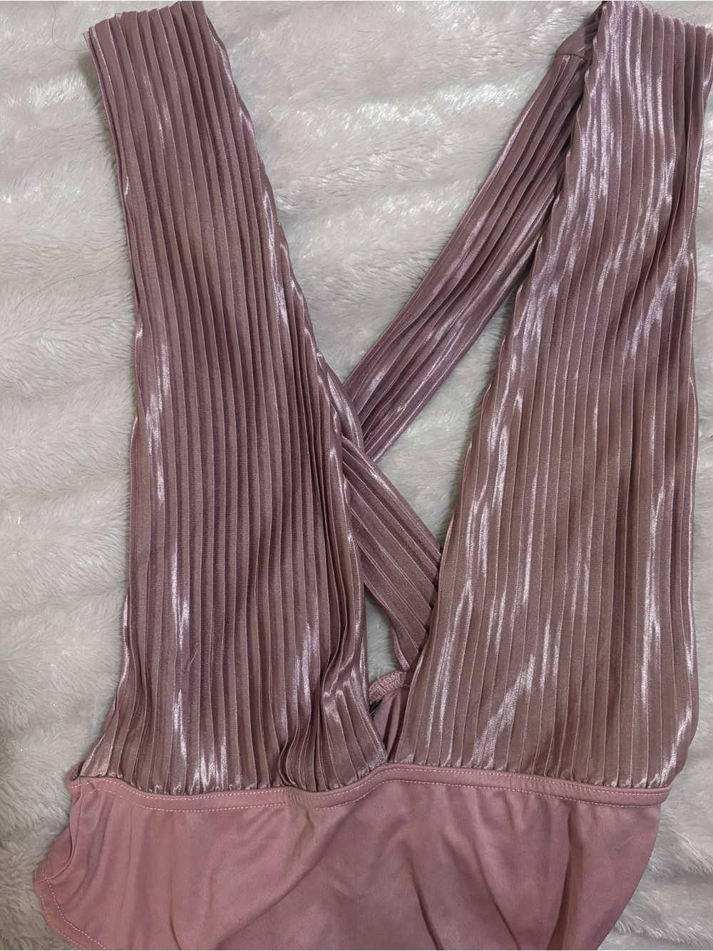 PrettyLittleThing Dusty Pink Satin Plisse Deep Plunge Halter Bodysuit